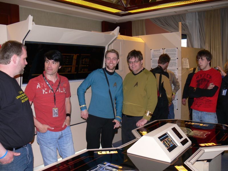 James Cawley, Stephan Mittelstrass, Peter Walker and Patrick Bell on the 1701-D engineering set.